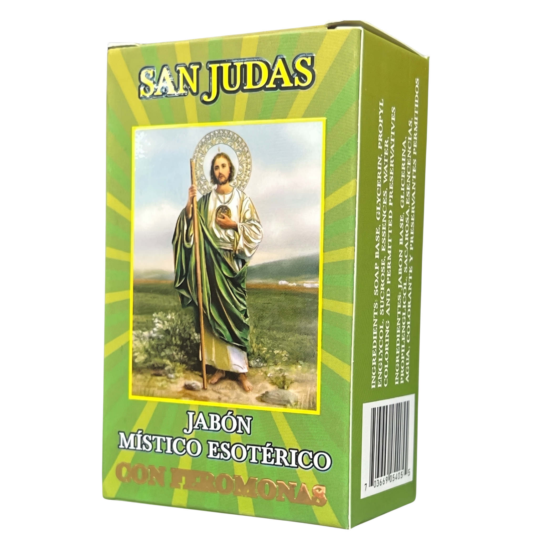 Green box with an image of a religious figure and text on a white background
