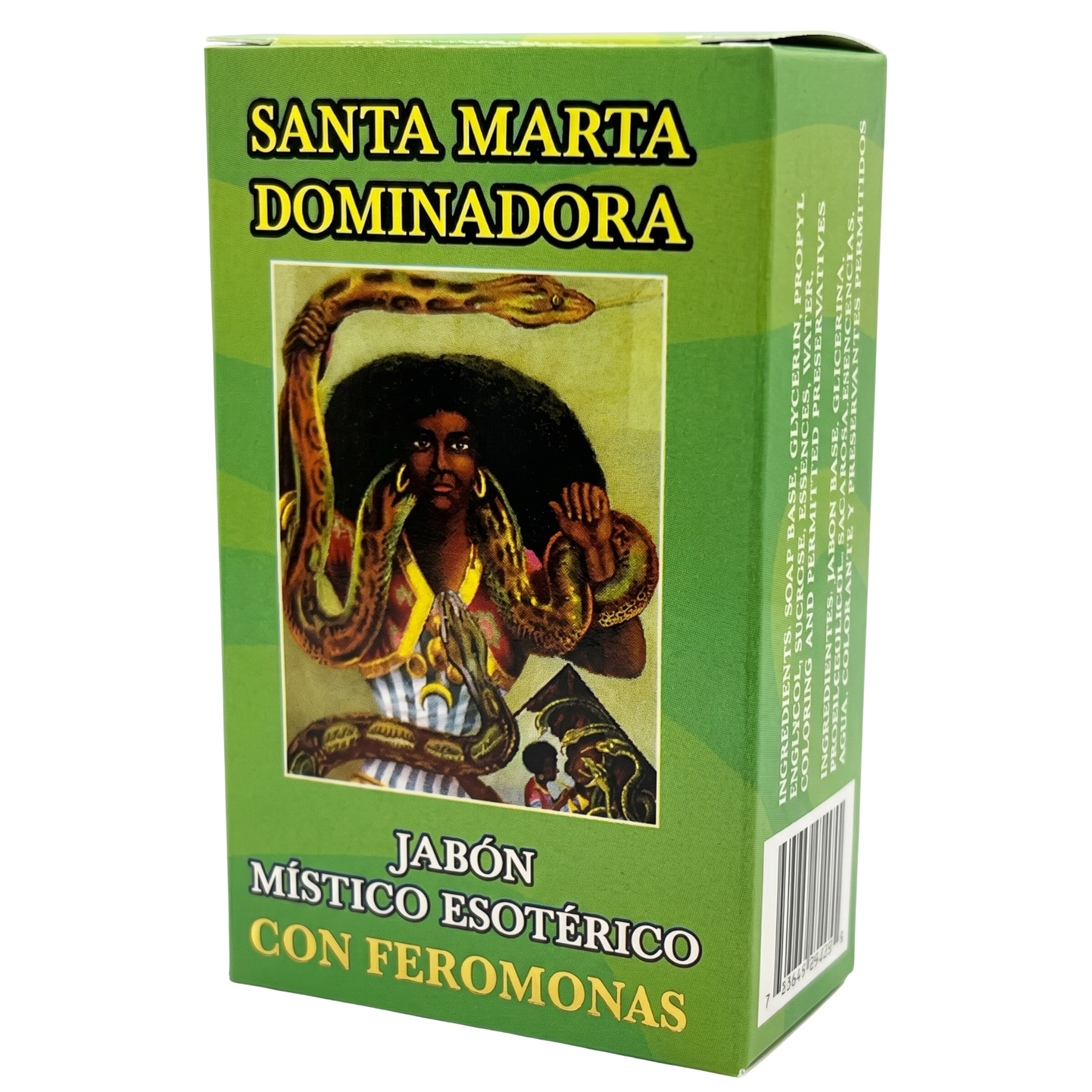 Green box with an image of a person with a snake and text in Spanish on a white background
