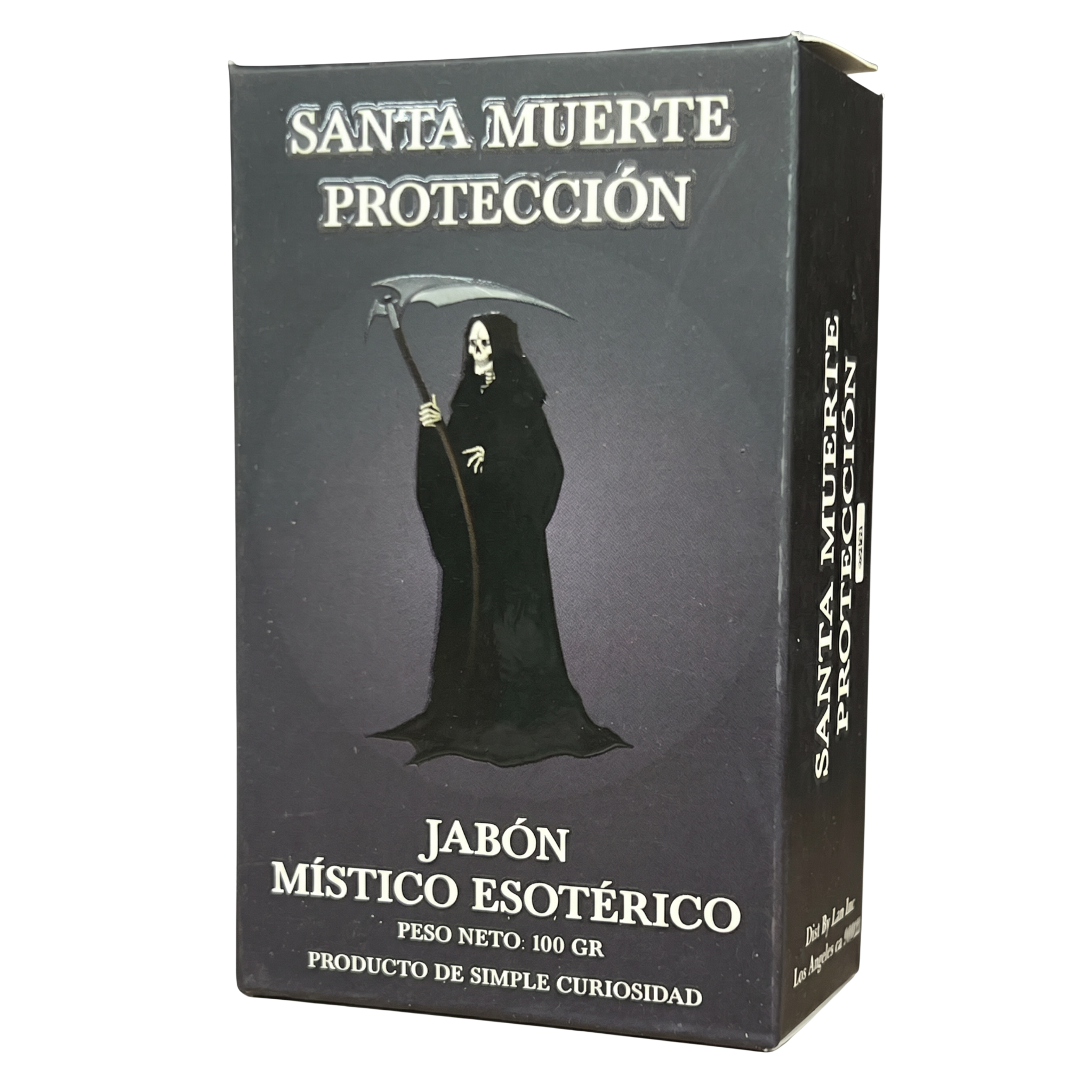 Box of 'Santa Muerte Proteccion' soap with a silhouette of a Grim Reaper on a dark background.