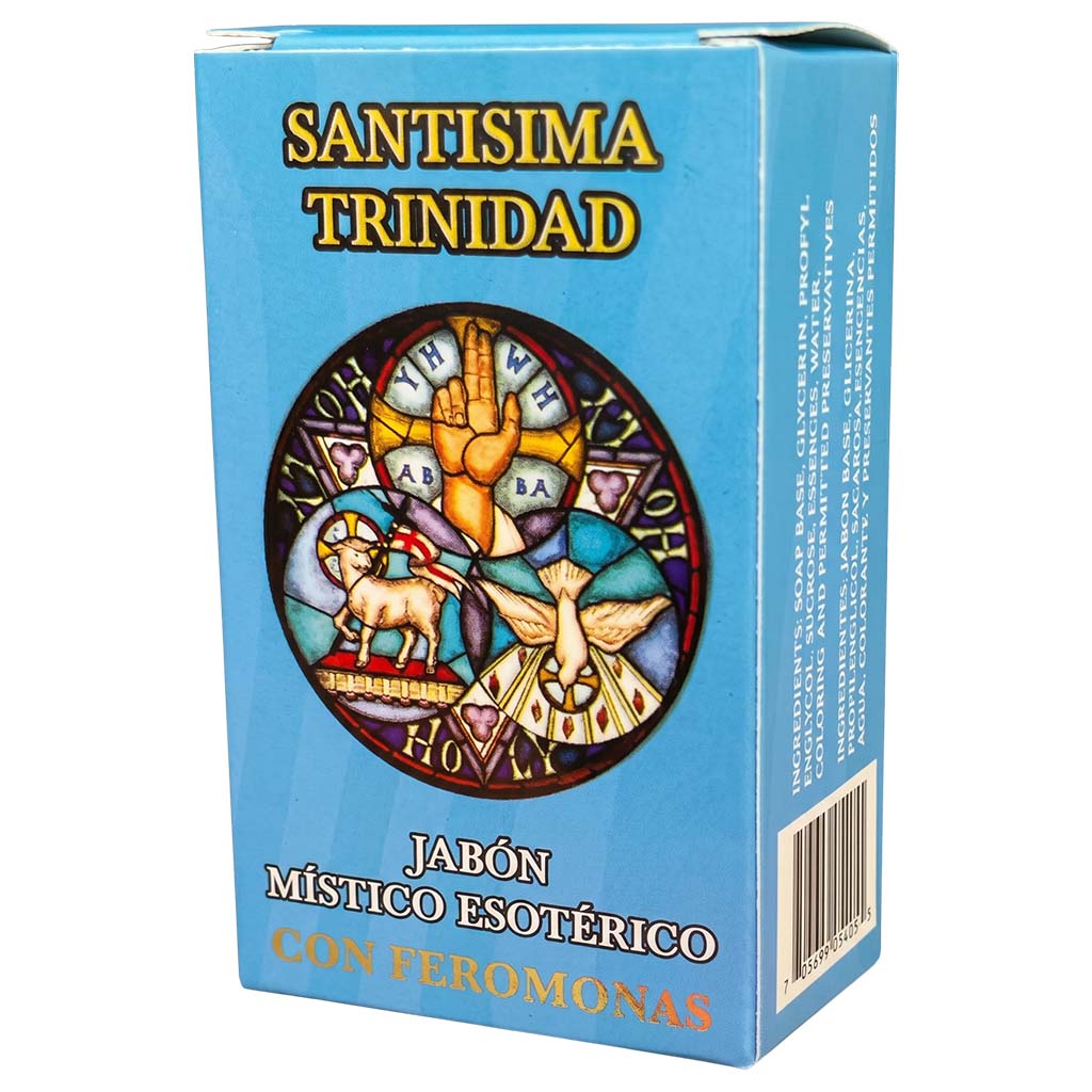 Blue box of 'Santisima Trinidad' with religious design and text on a white background