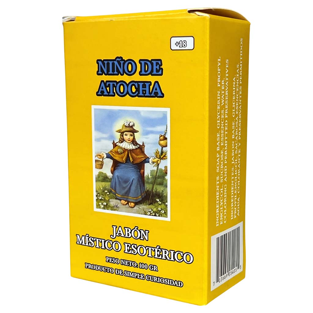 Yellow box of 'Nino de Atocha' with an illustration of a person holding a jar and a stick on a white background.