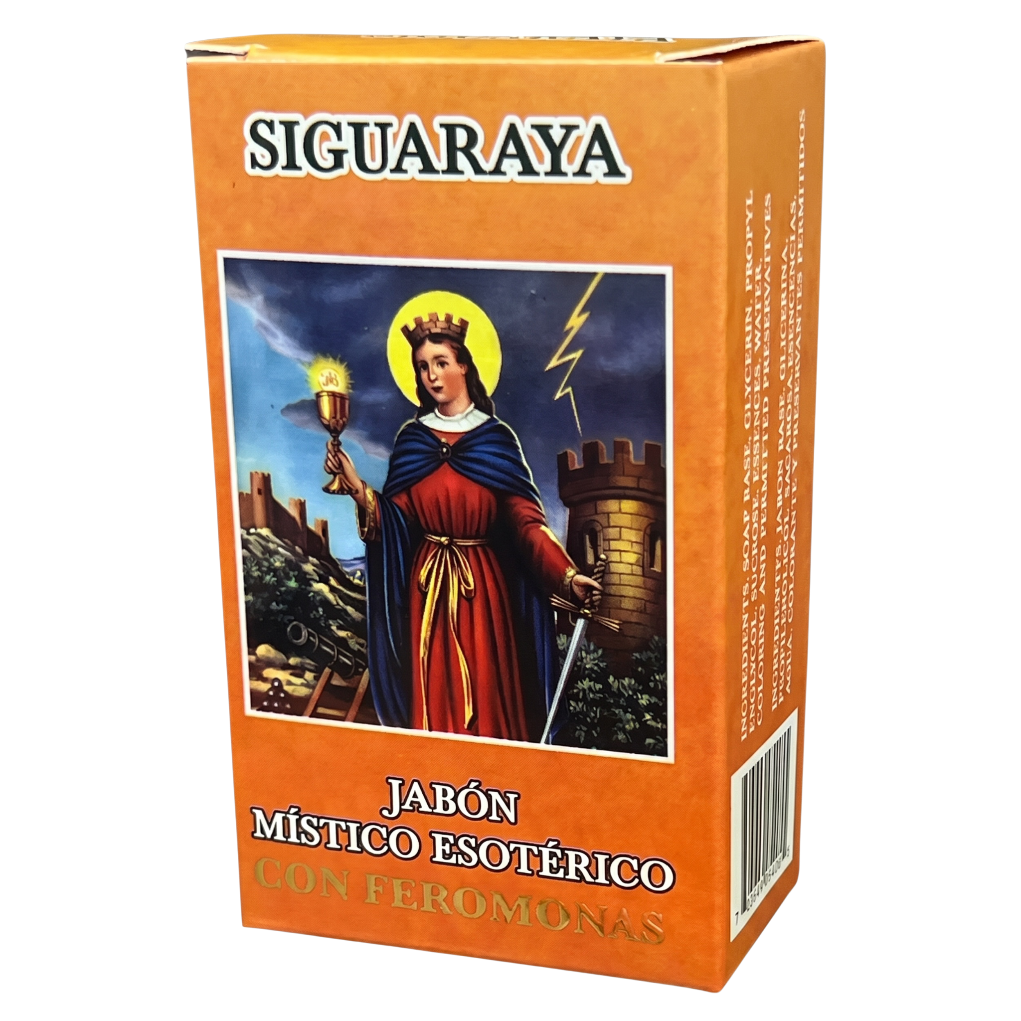 Orange box of Siguaraya with an image of a woman holding a candle and sword on a white background