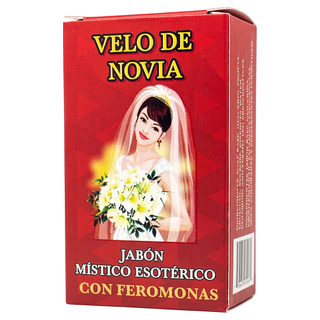 Red box of 'Velo de Novia' with a bride and veil on a white background