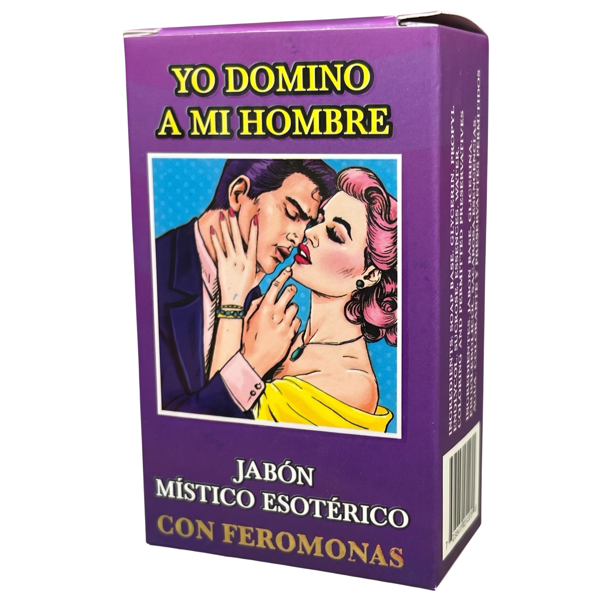 Purple soap packaging with illustration of a man and woman, text in Spanish, and a bar code on a white background.