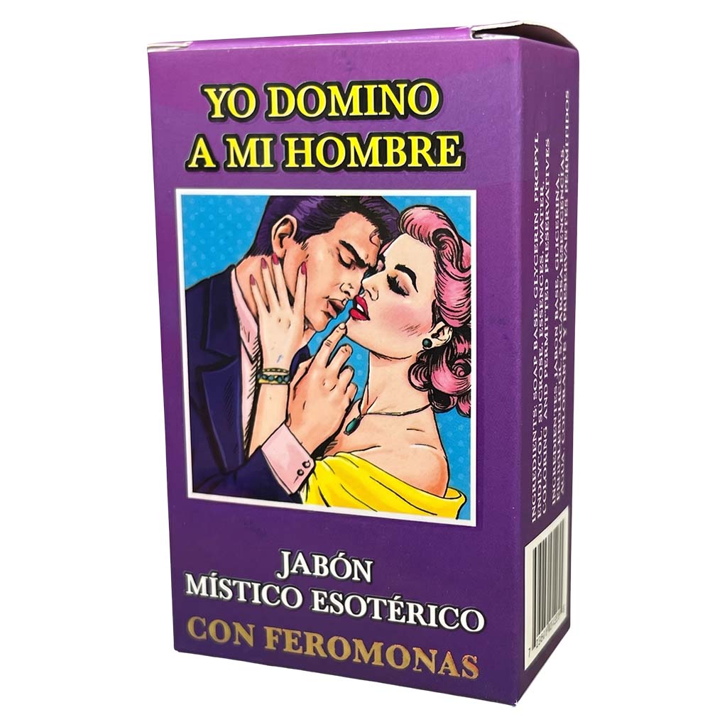 Purple soap packaging with illustration of a man and woman, text in Spanish, and a bar code on a white background.