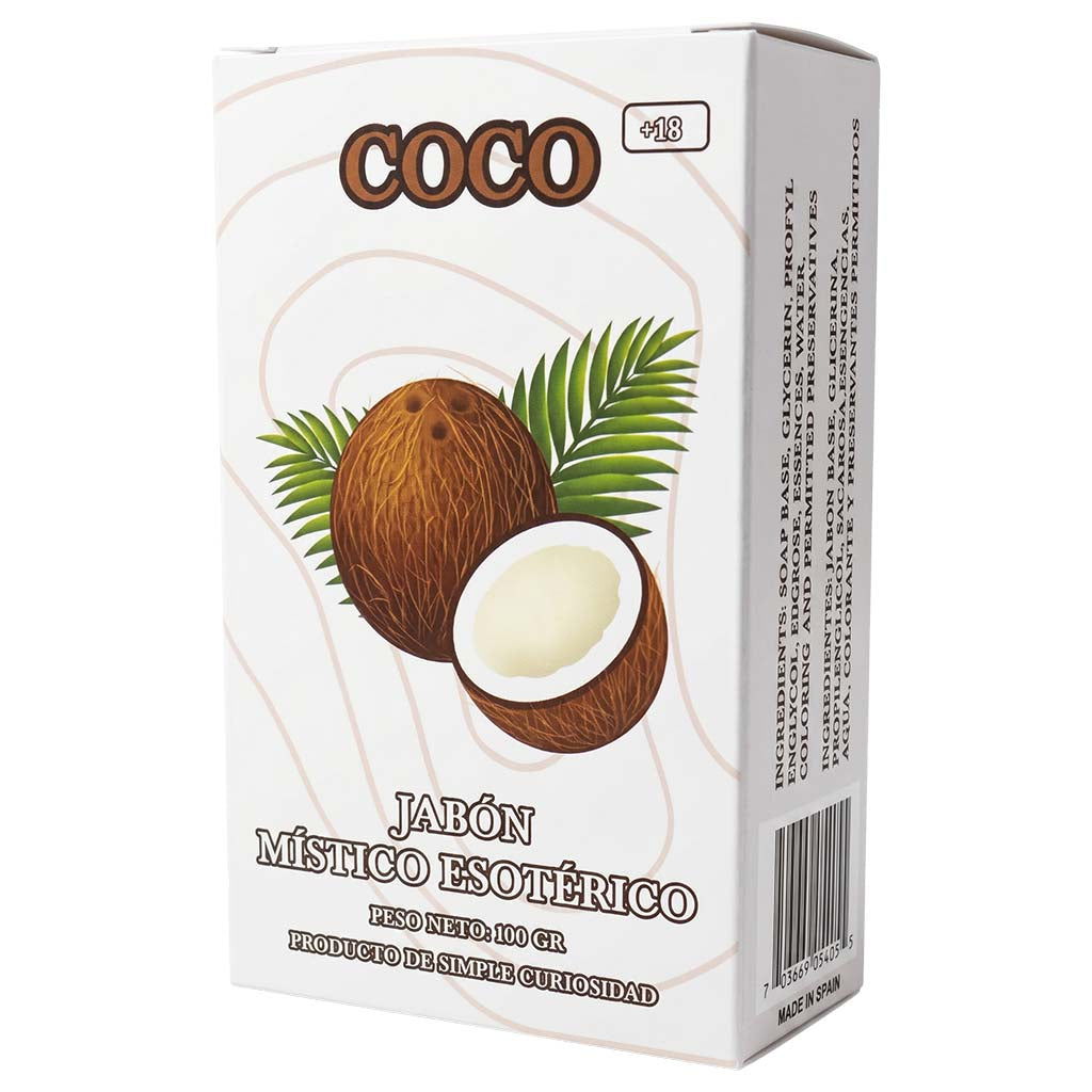 Box of 'Coco' soap with coconuts and palm leaves on a white background