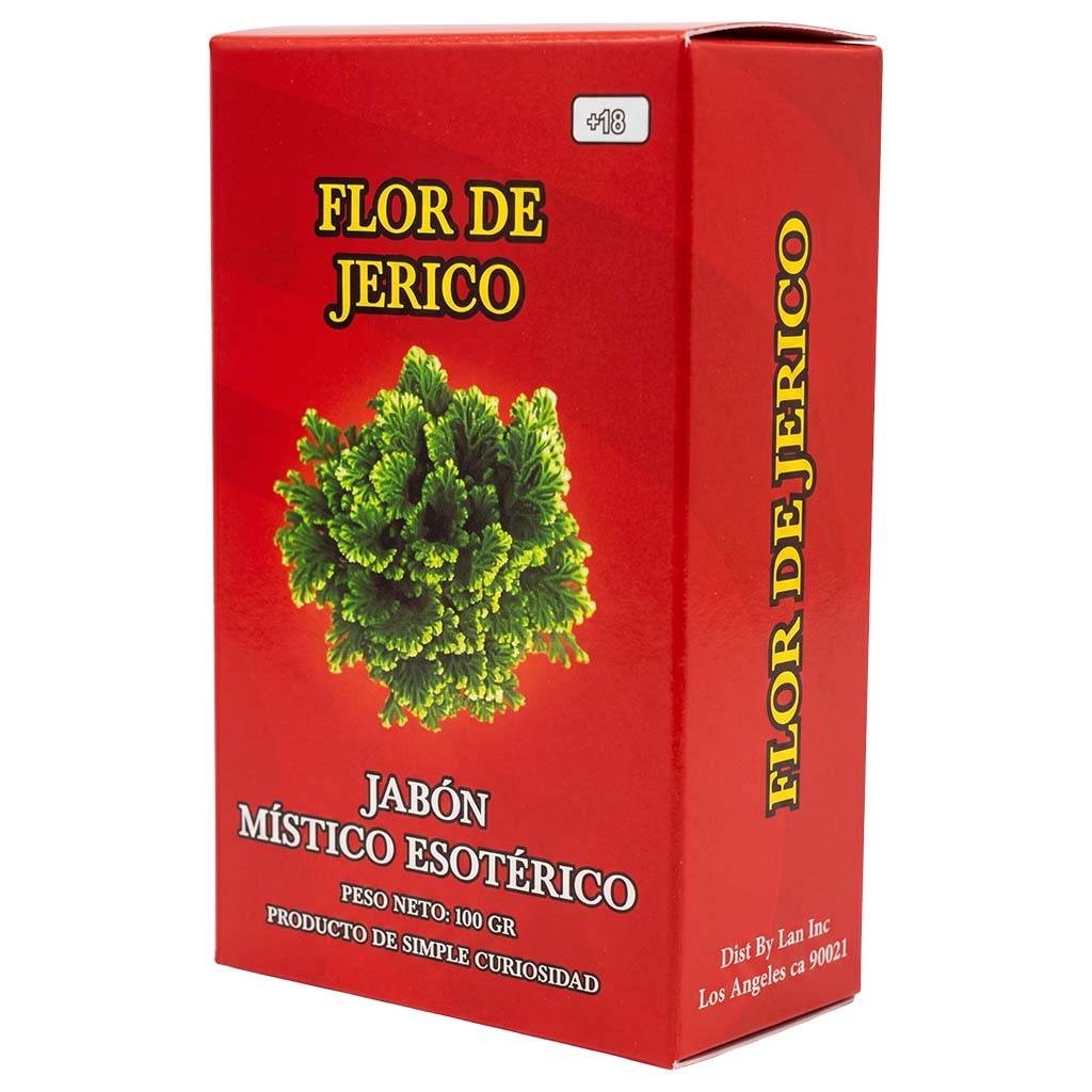 Red box of Flor de Jerico soap with green soap bar image on a white background