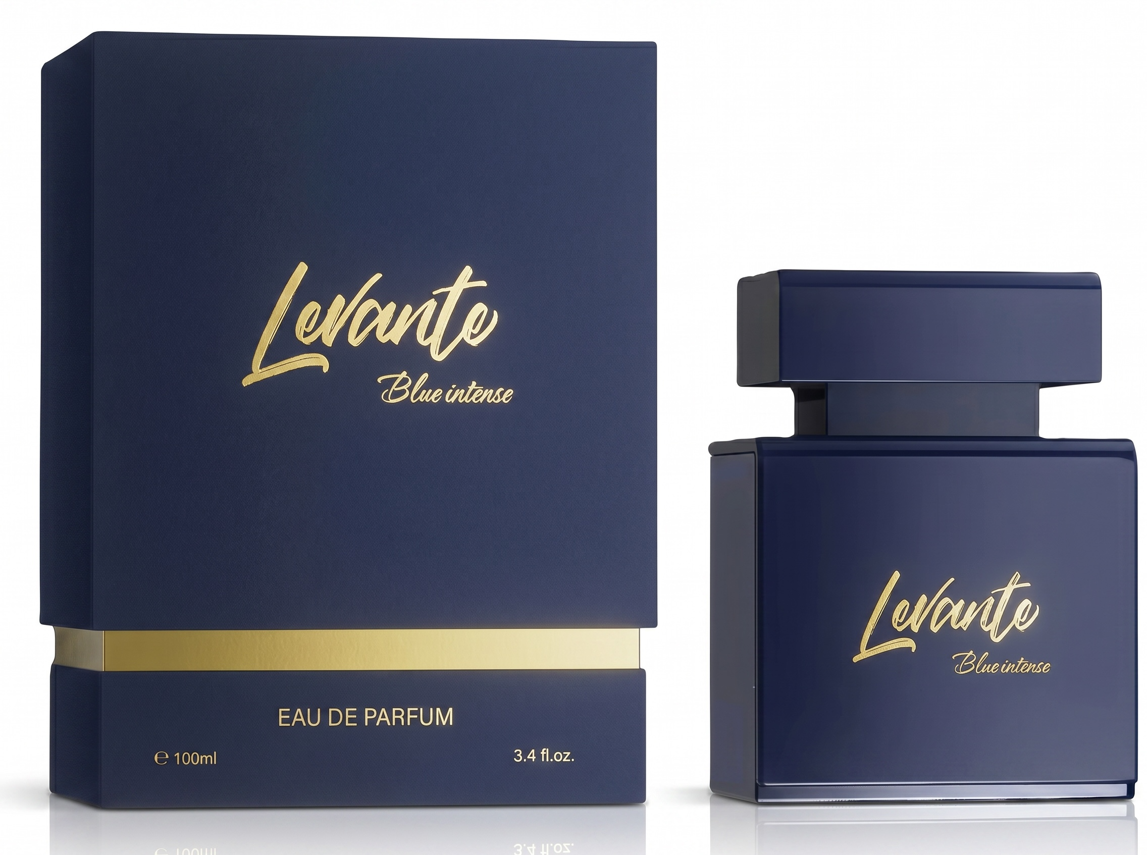 Levante Blue Intense eau de parfum packaging with blue bottle and box on a white background