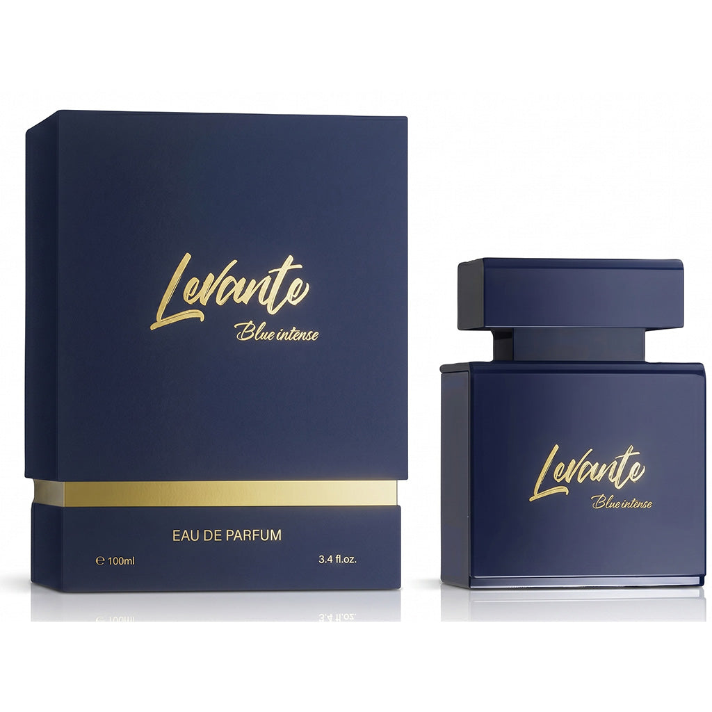 Levante Blue Intense eau de parfum packaging with blue bottle and box on a white background