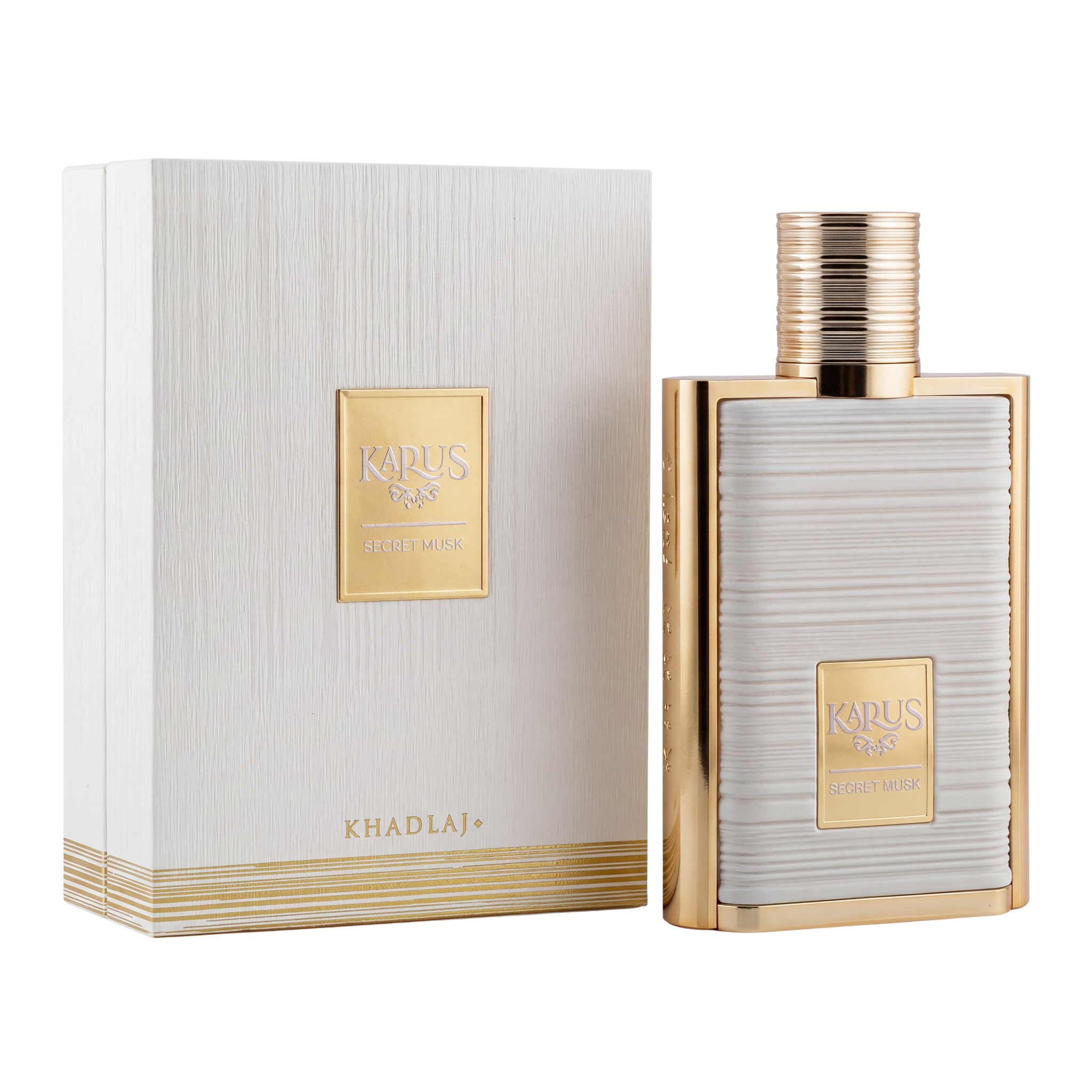 Perfume bottle and packaging with 'Khadlaj' branding on a white background