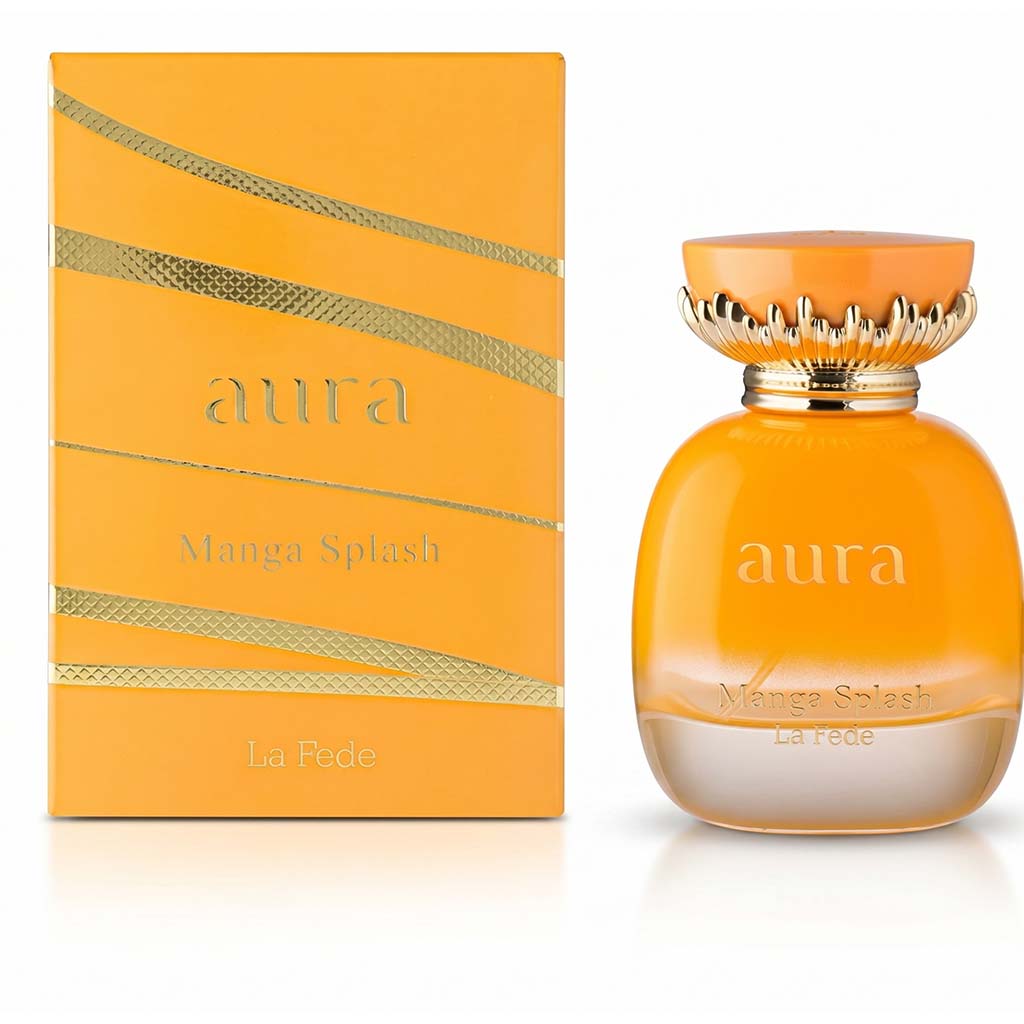 Orange perfume bottle and packaging with 'aura' branding on a white background