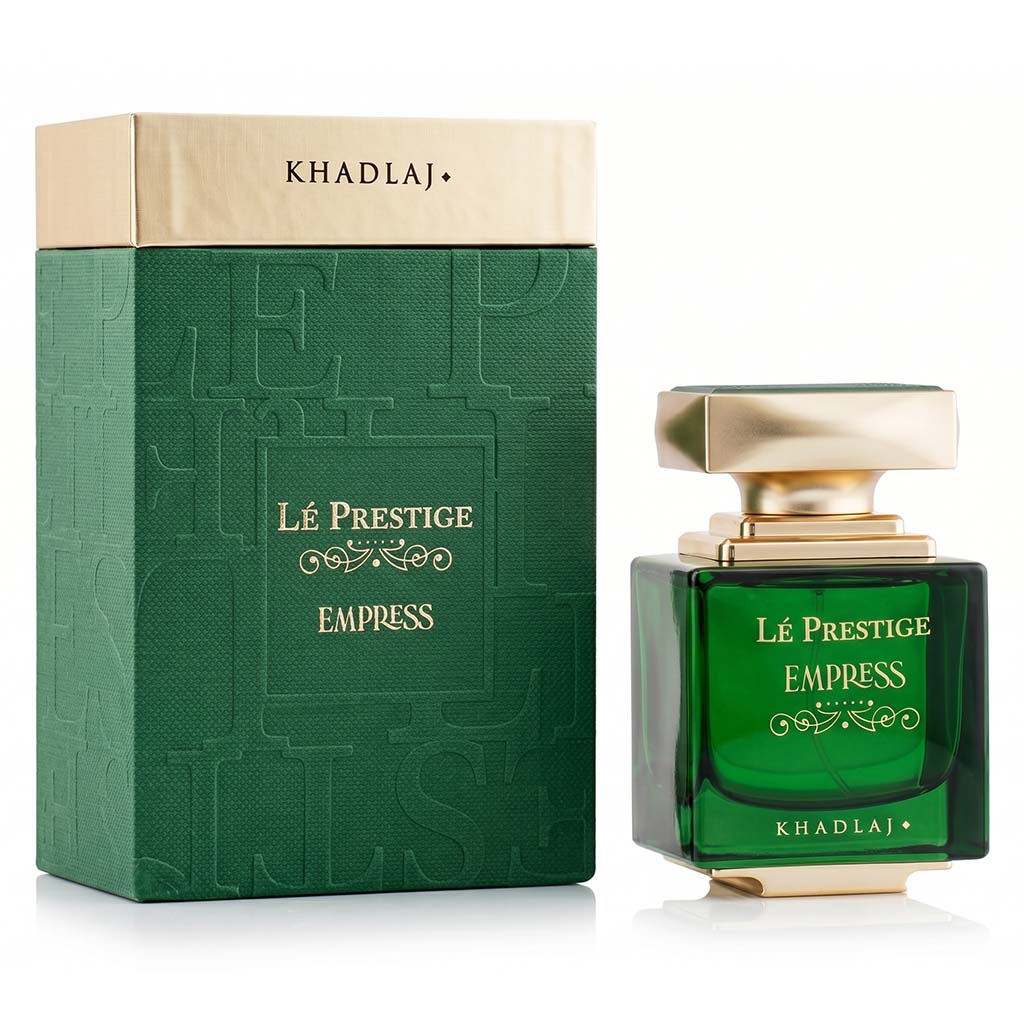 Green perfume bottle and packaging with 'Khadlaj' branding on a white background