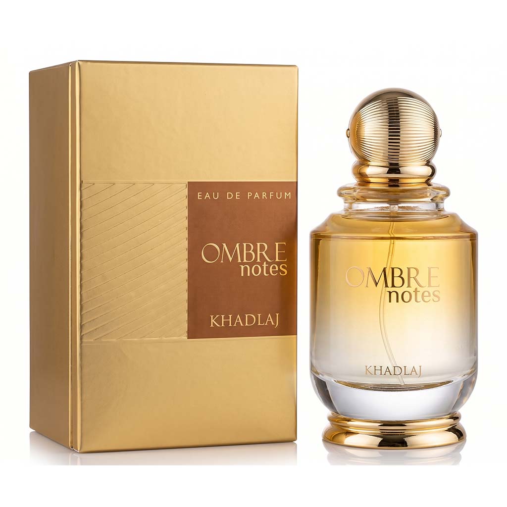 Khadlaj Ombre notes perfume bottle and packaging on a white background