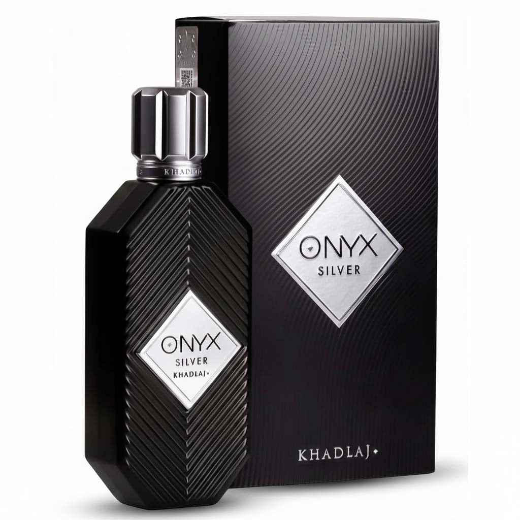 Onyx Silver perfume bottle and packaging on a white background