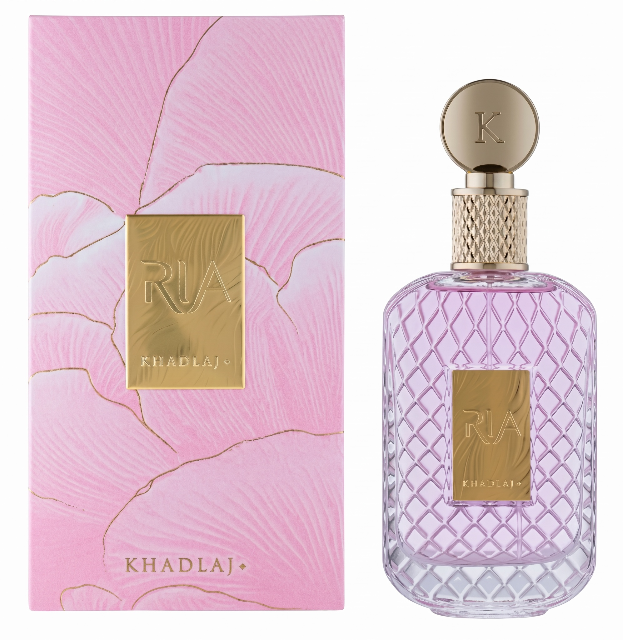 Perfume bottle and packaging with 'RIA KHADLAJ' branding on a white background