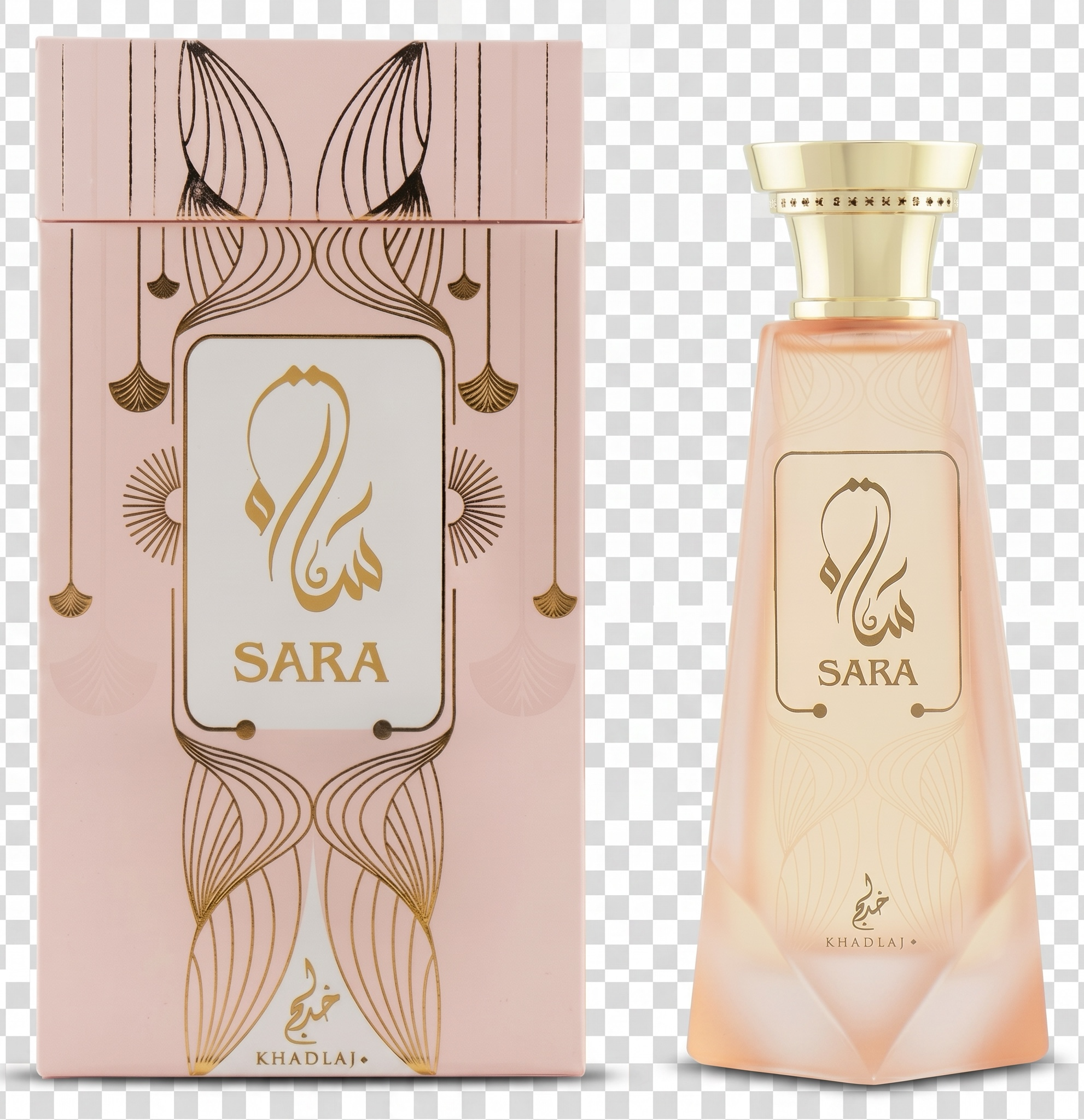 Sara perfume bottle and packaging with gold accents on a transparent background