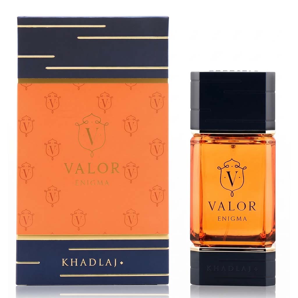Khadlaj Valor Enigma perfume bottle and packaging on a white background