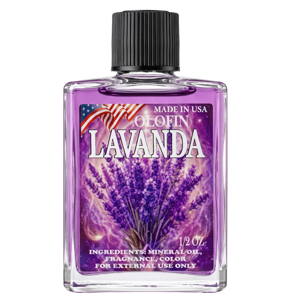 A 1/2 oz clear glass bottle of Lavanda fragrance oil with a black ribbed cap and a purple lavender-themed label, shown on a plain white background.