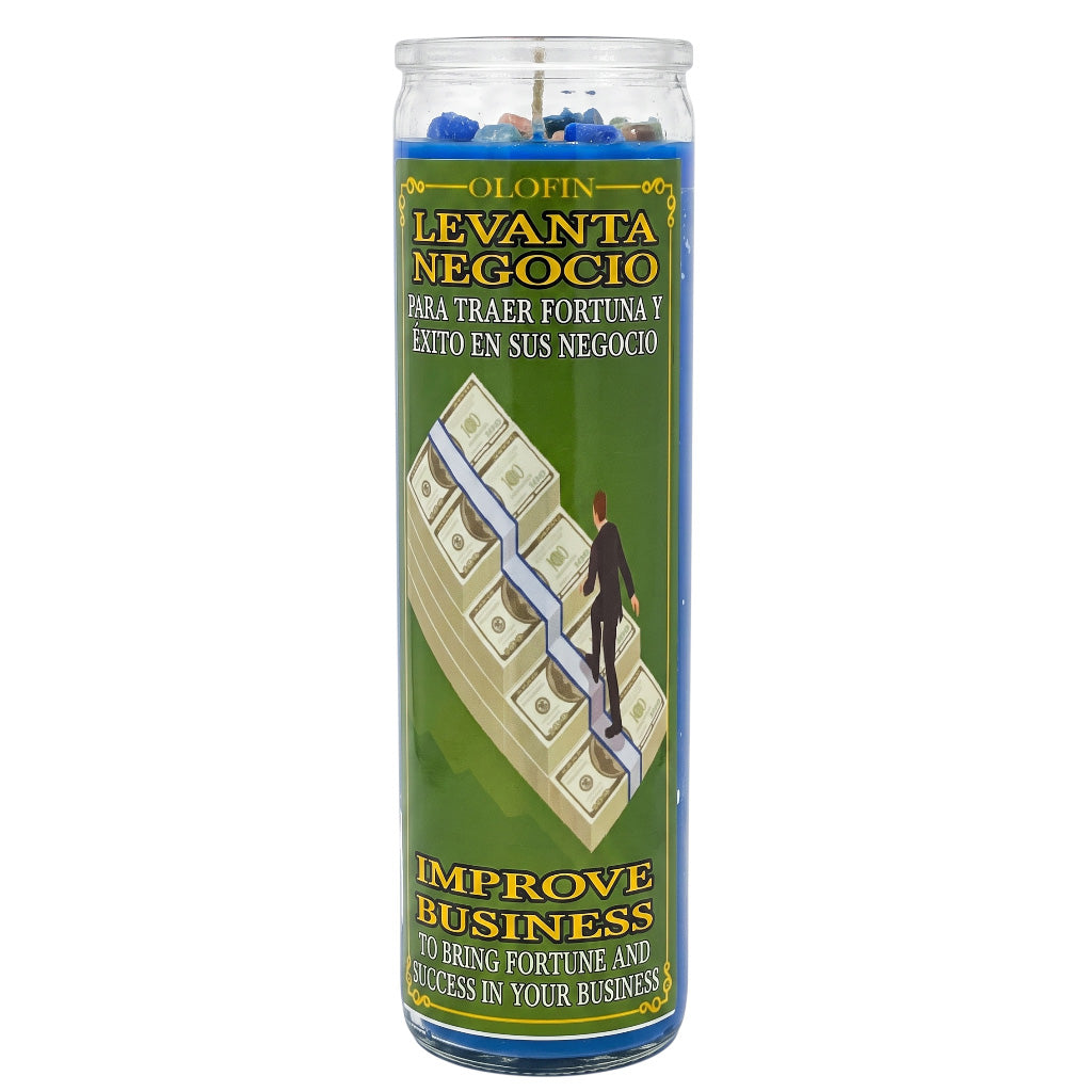 A tall glass jar candle with a green label featuring the Spanish text 'OLEFIN LEVANTA NEGOCIO' and 'IMPROVE BUSINESS'. The label depicts a businessman walking up a stack of dollar bills.