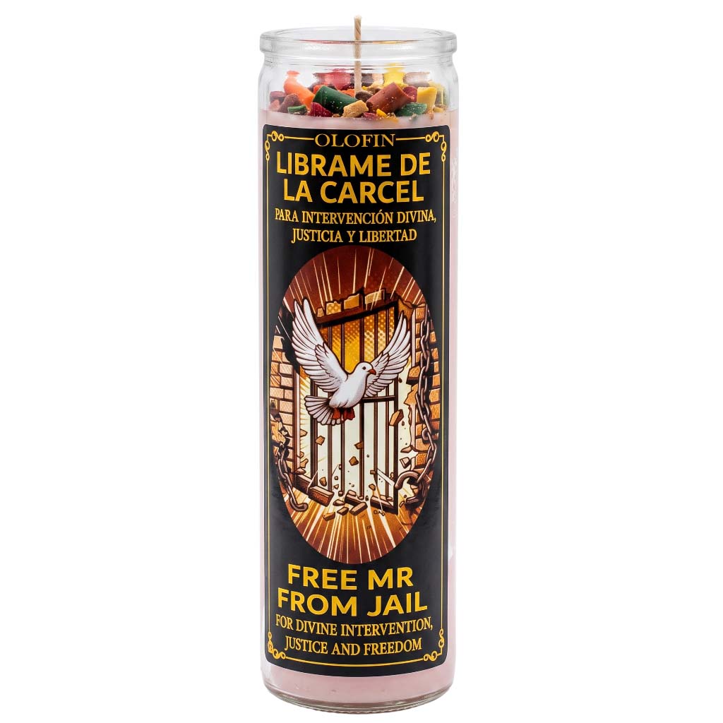A tall glass prayer candle with a black label featuring a white dove in front of a barred cage and the text 'OLOFIN LIBRAME DE LA CARCEL' and 'FREE MR FROM JAIL'. The candle is filled with multicolored wax at the top and photographed on a plain white background.