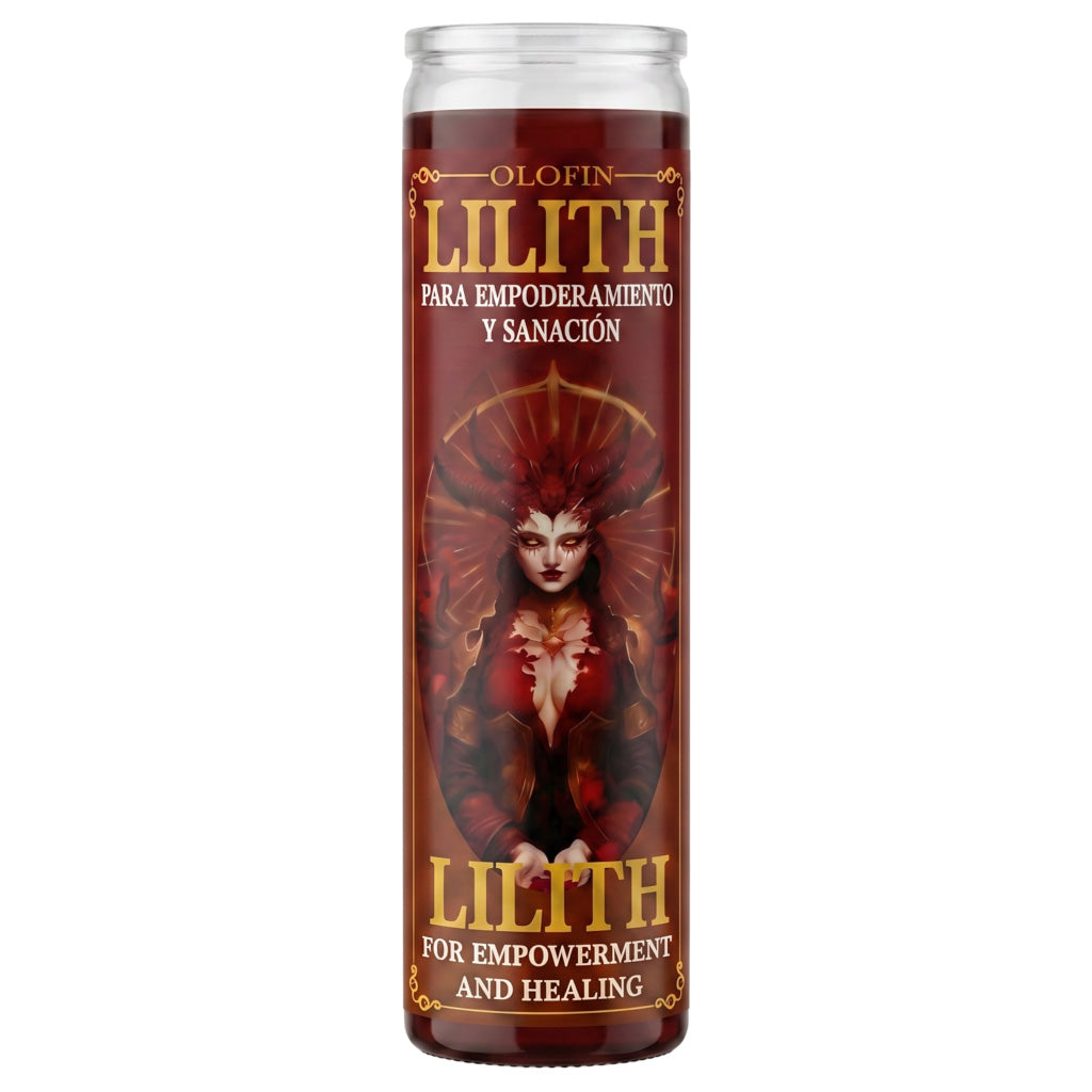 A tall glass jar candle labeled 'Olofin Lilith' with Spanish and English text, featuring a dark red label with an illustrated female figure and gold lettering, shown on a plain white background.
