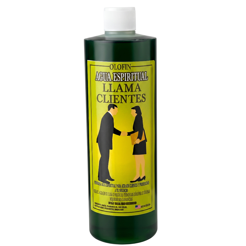 A dark green bottle of Olofin Agua Espiritual Llama Clientes with a yellow label and white cap, shown on a plain white background.