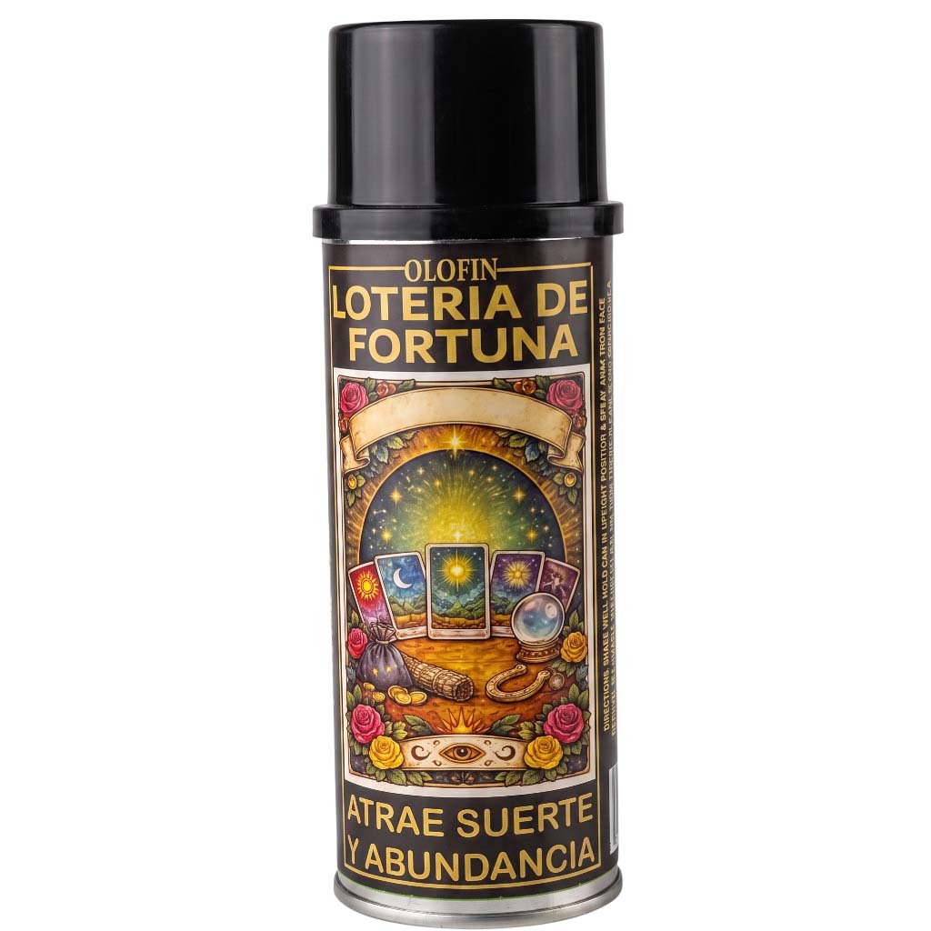 A black aerosol can of Olofin 'Loteria de Fortuna' spray with a colorful, mystical Spanish label featuring tarot cards, a crystal ball, and gold text.