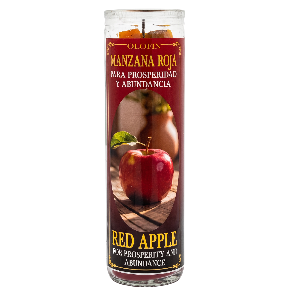 A tall glass jar candle labeled 'Olofin Manzana Roja' with a red apple graphic on the front, shown against a plain white background.