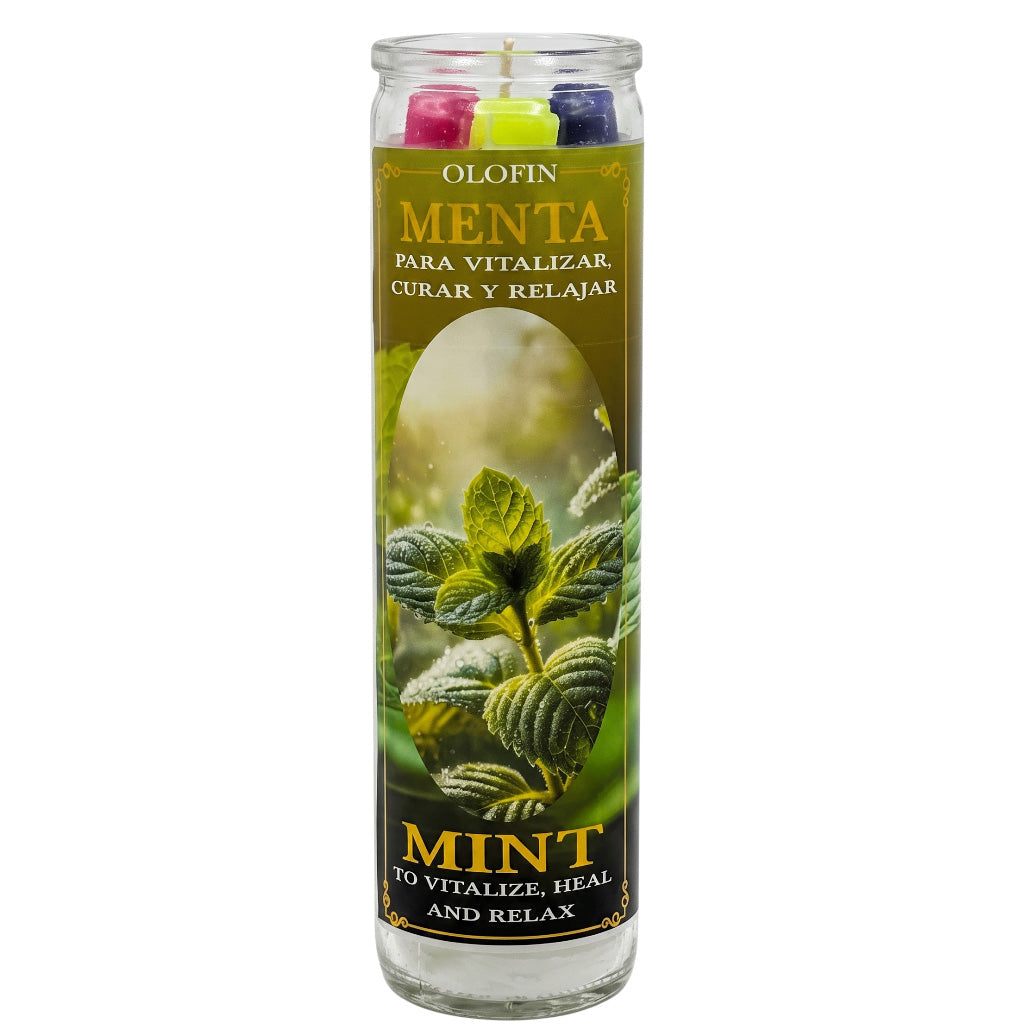 A tall glass jar candle labeled 'Olofin Menta' with a green and gold design featuring mint leaves, shown on a plain white background.