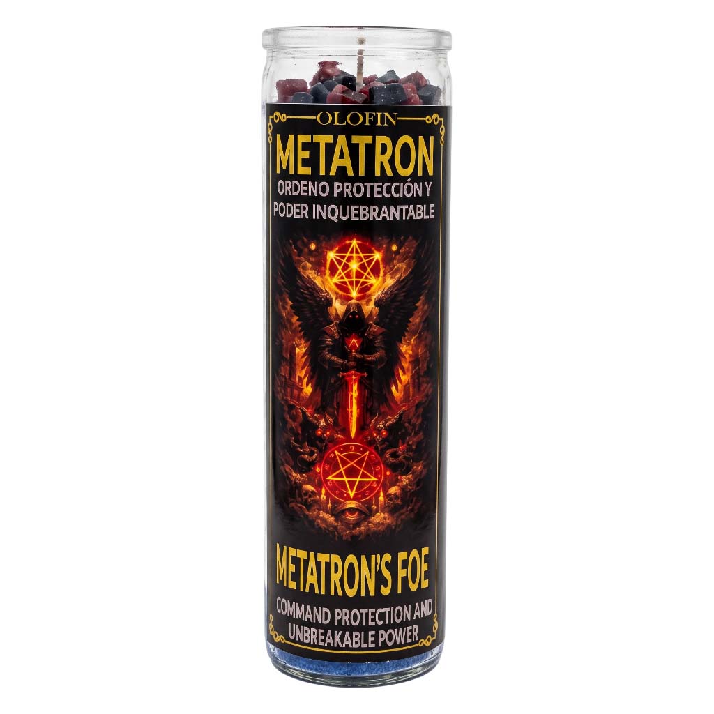 A tall glass prayer candle with a black label featuring fiery orange and red occult artwork and the text 'OLOFIN METATRON' and 'METATRON'S FOE'.