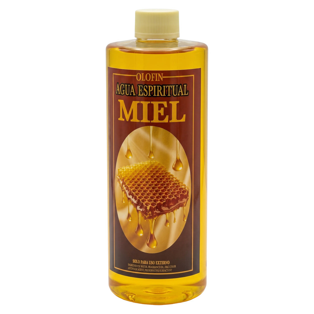 A bottle of Olofin Agua Espiritual Miel (spiritual water with honey) featuring a golden-yellow liquid inside a clear plastic bottle with a beige cap and a brown label depicting honeycomb.