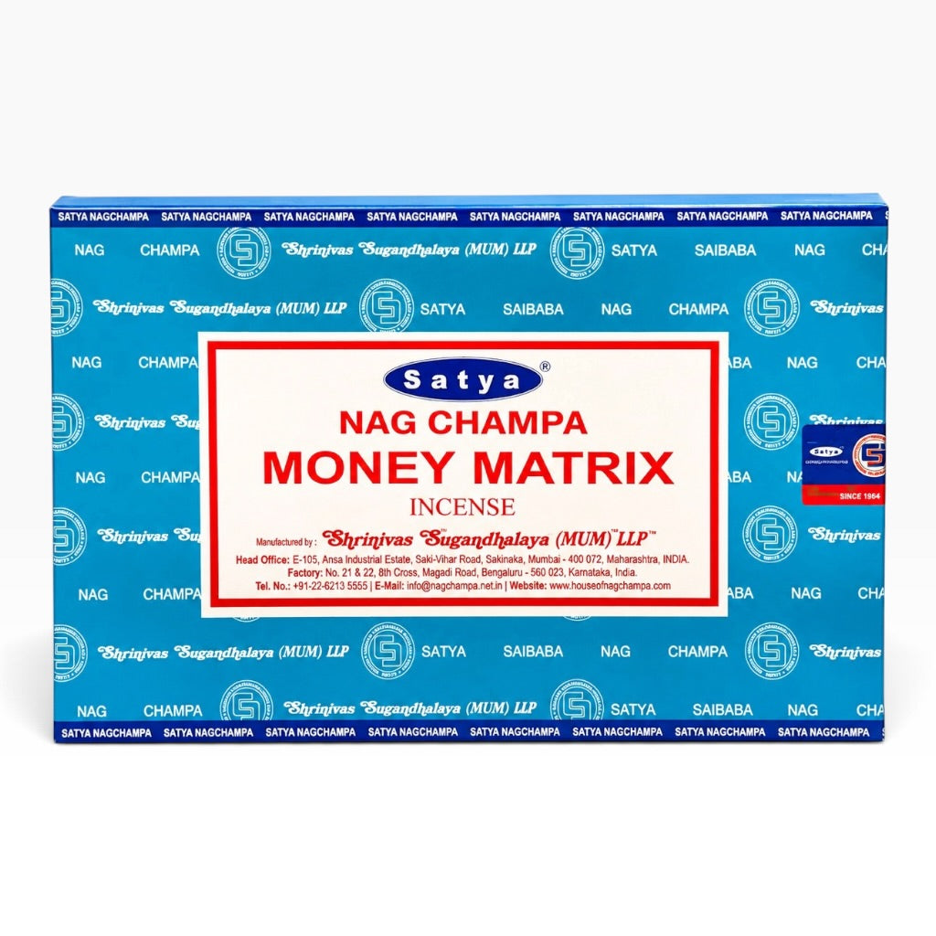 A rectangular box of Satya Nag Champa Money Matrix Incense on a plain white background. The box is predominantly light blue with a white central label, red text, and a repeating pattern of the product name around the top and bottom borders.