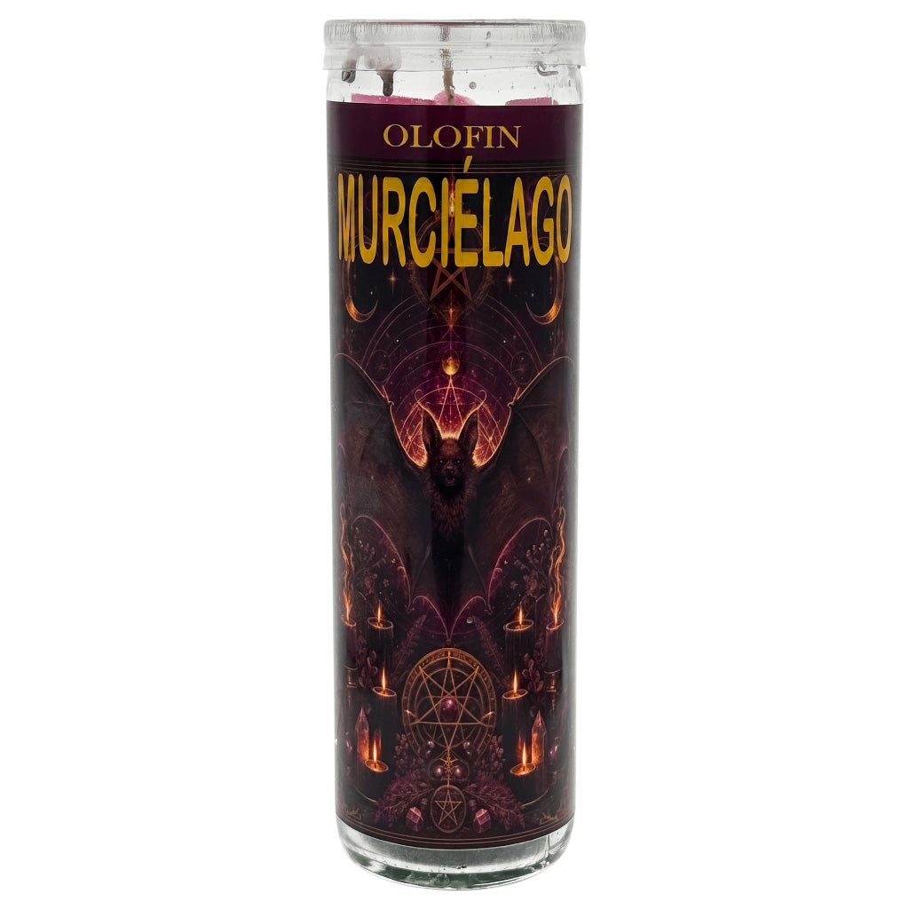 A tall glass prayer candle with a dark purple and black label featuring the brand name 'OLOFIN' and the product name 'MURCIÉLAGO' in gold lettering, with an occult-style illustration of a horned figure and candles.