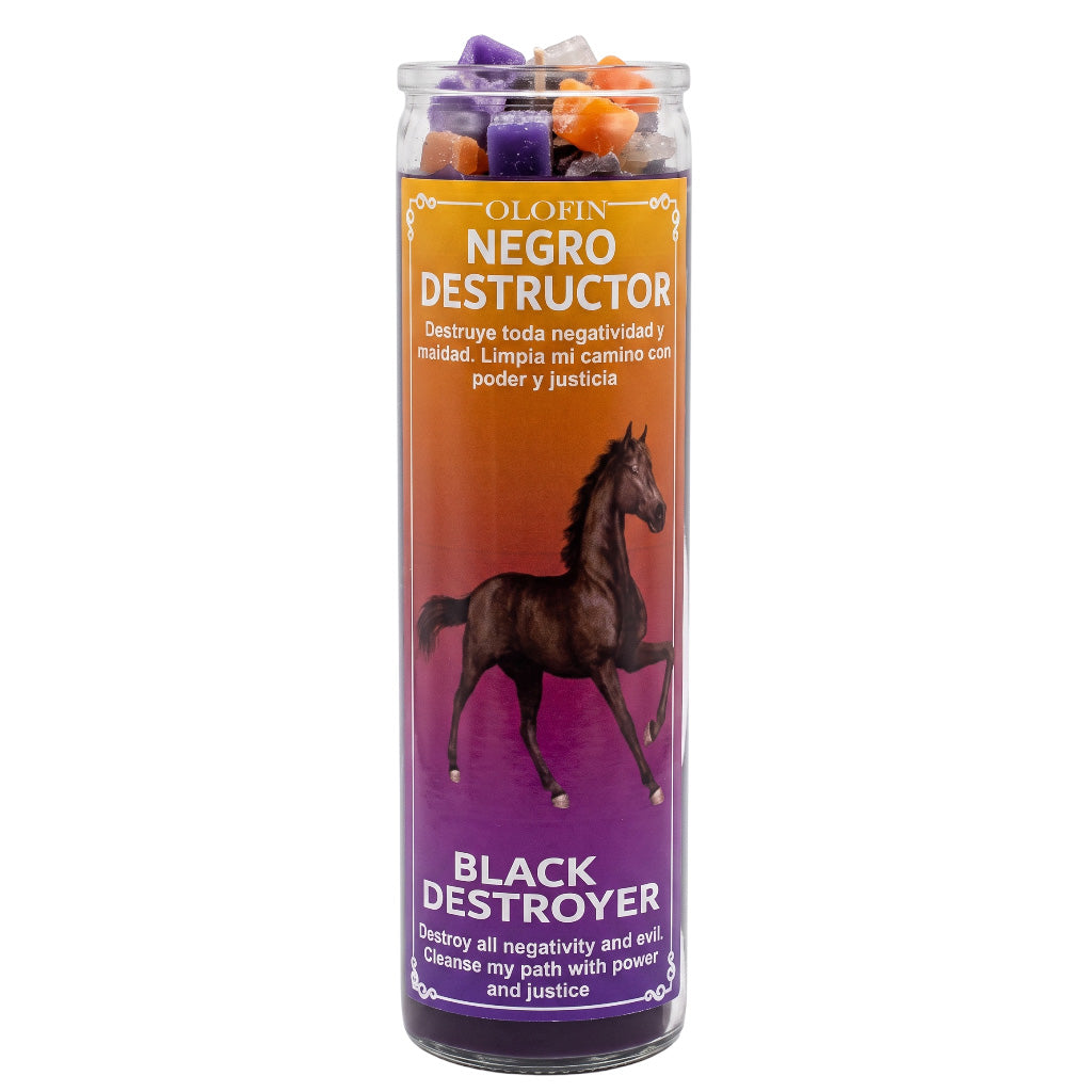 A tall clear glass jar candle labeled 'Olofin Negro Destructor' with a purple-to-orange gradient label featuring a black horse illustration and the words 'Black Destroyer' at the bottom. The jar is filled with purple and orange wax pieces visible at the top, shown on a plain white background.