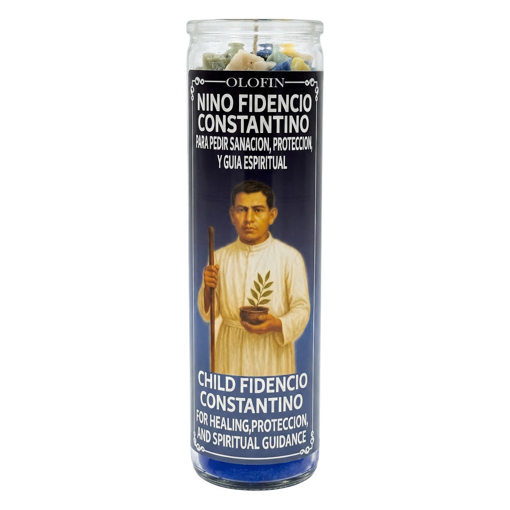 A tall glass devotional candle labeled 'Olofin Nino Fidencio Constantino' with a printed image of a robed figure holding a staff and leaf, on a white background.