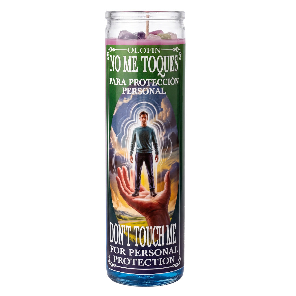 A tall glass jar candle labeled 'Olofin No Me Toques Para Protección Personal / Don't Touch Me For Personal Protection' with a colorful illustrated label showing a figure standing on a hand and purple crystals visible at the top.
