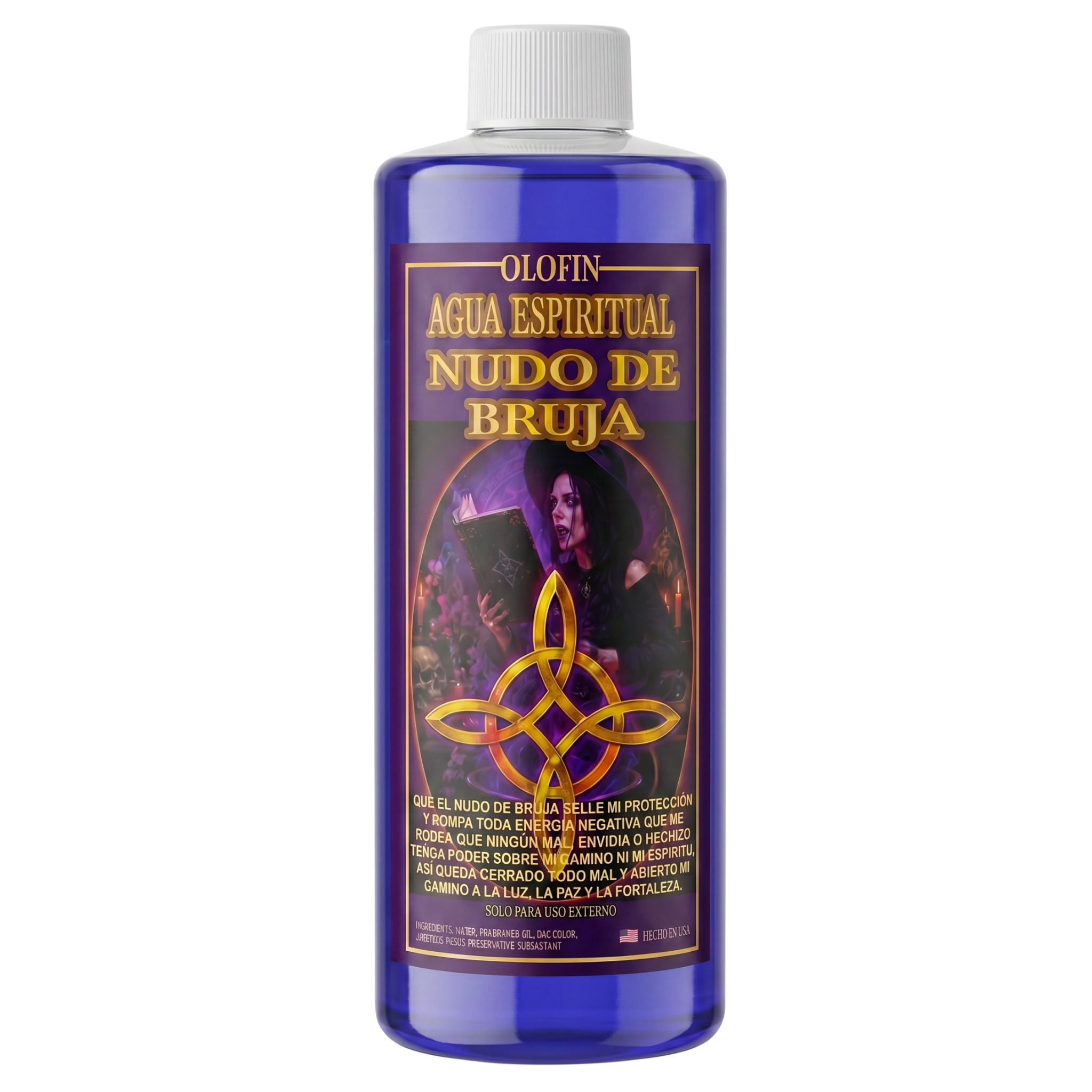 A tall, translucent cobalt blue plastic bottle with a white ribbed cap, featuring a dark purple label with gold text reading 'OLOFIN AGUA ESPIRITUAL NUDO DE BRUJA' and a witch illustration with a pentagram.