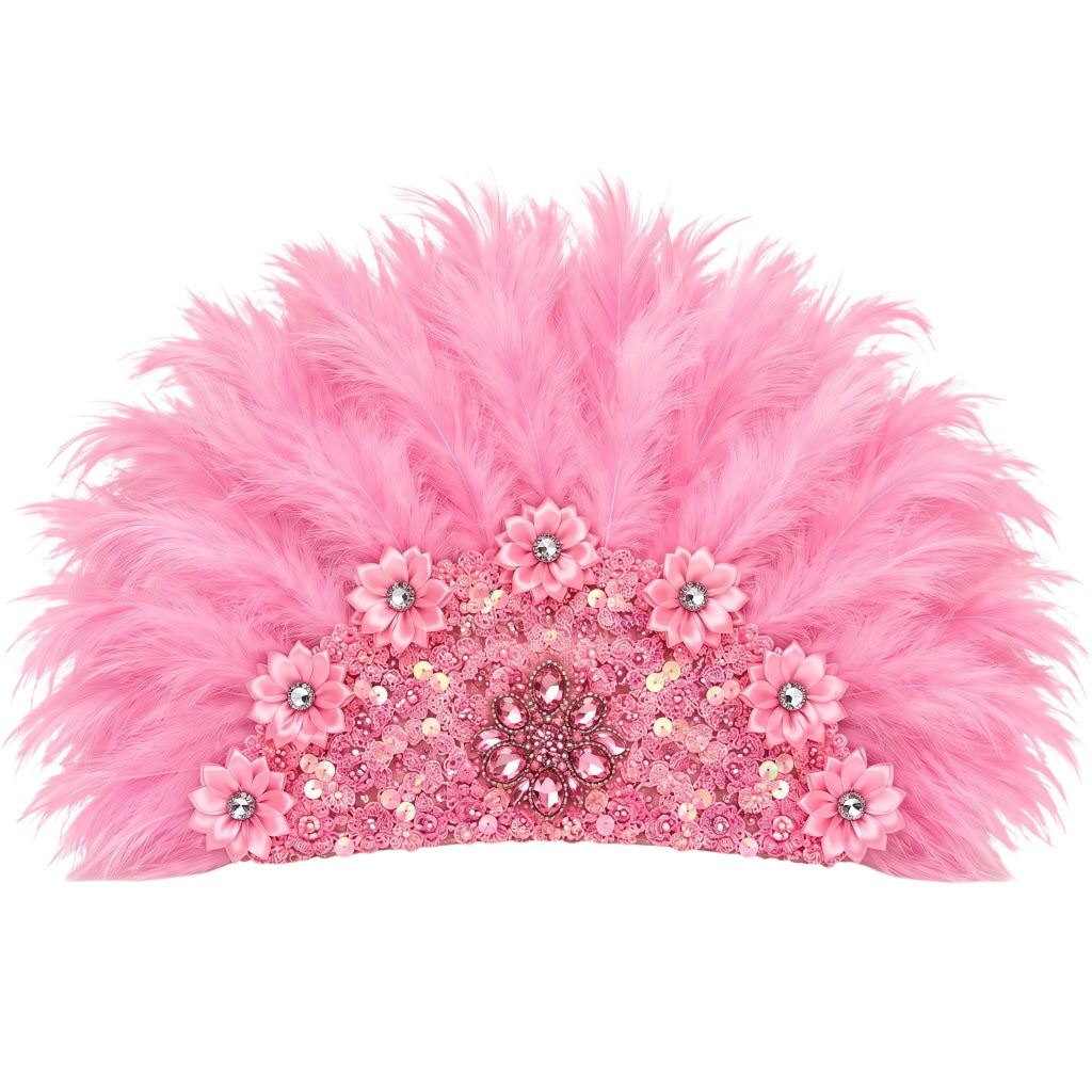 Obba Ceremonial Fan (Abanico para Obbá) – Pink Feathers with Pink Sequins, Floral Decorations & Sparkling Rhinestones – Santeria Orisha Ritual Accessory