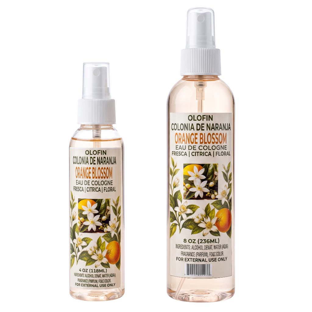 Two clear plastic spray bottles of Olofin Colonia de Naranja Orange Blossom Eau de Cologne with white pump tops, shown on a plain white background.