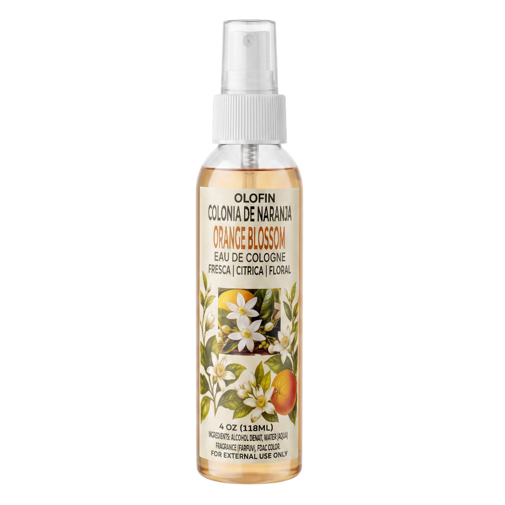 A 4 oz spray bottle of Olofin Colonia de Naranja Orange Blossom Eau de Cologne, featuring a white spray top and a label with orange blossoms and citrus illustrations on a white background.