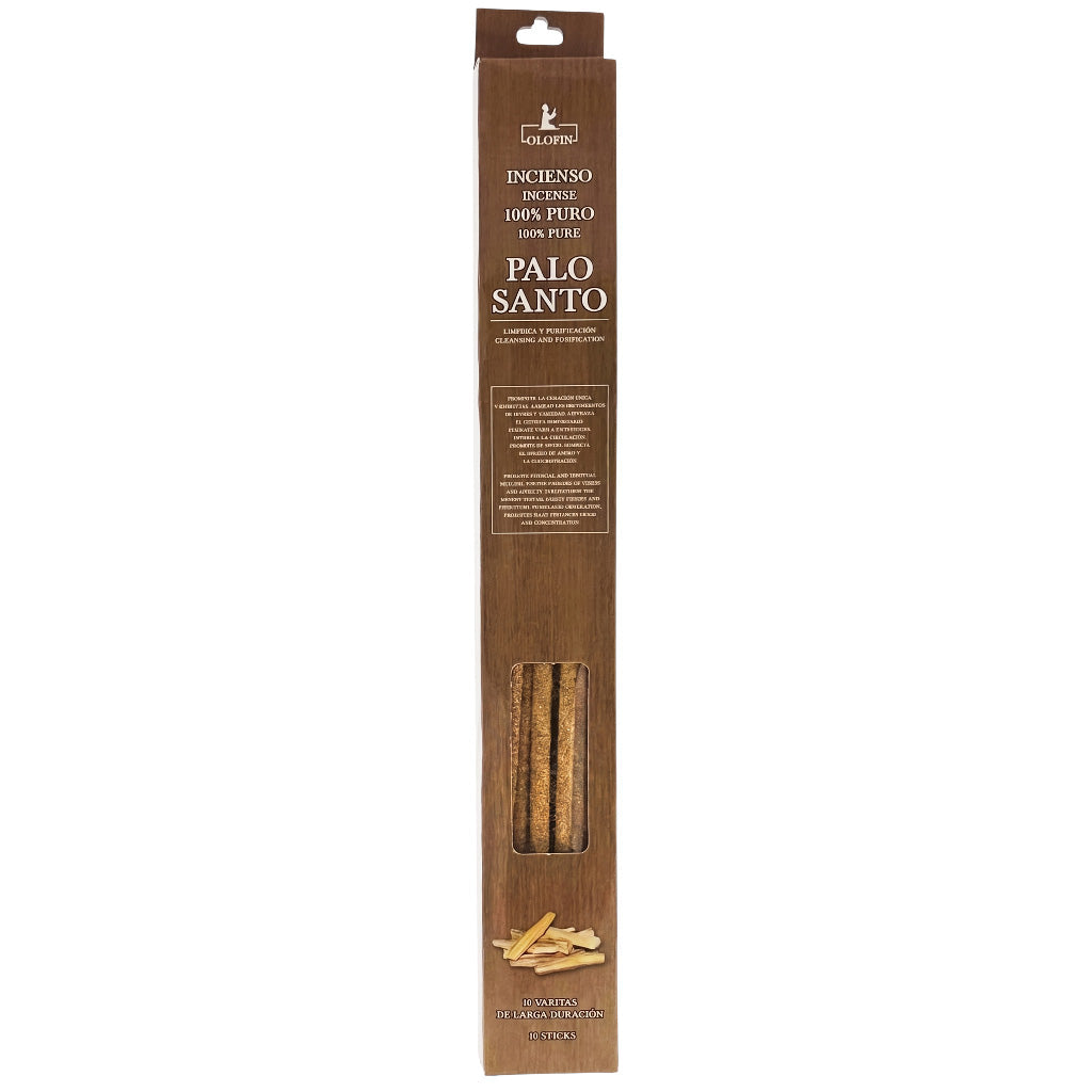 A tall, narrow brown cardboard package of Palo Santo incense sticks, shown upright on a plain white background. The front of the box includes the brand name 'Santo' and product text in Spanish, with a clear window near the bottom revealing the incense sticks inside.