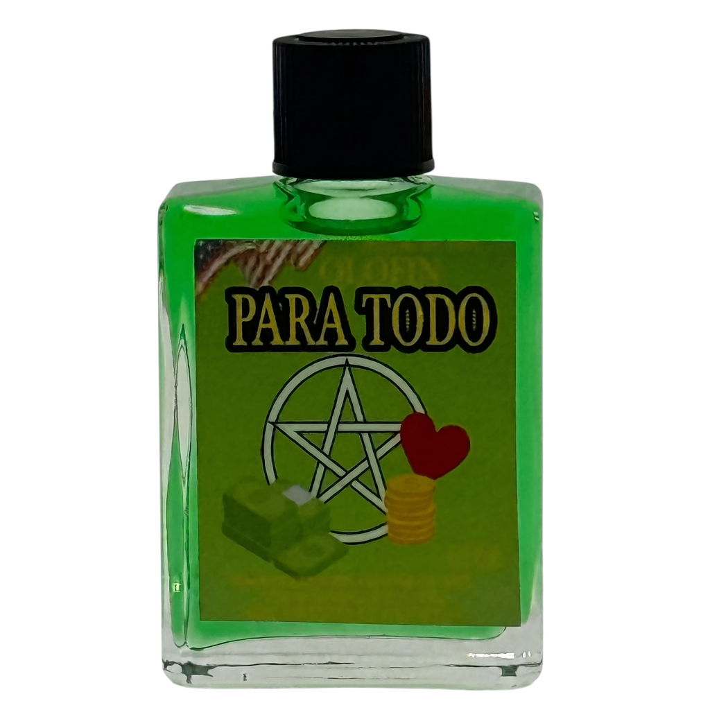 A square glass bottle filled with bright green liquid, featuring a black screw cap and a green front label with the text 'PARA TODO' and a pentagram, red heart, and gold coins graphic.