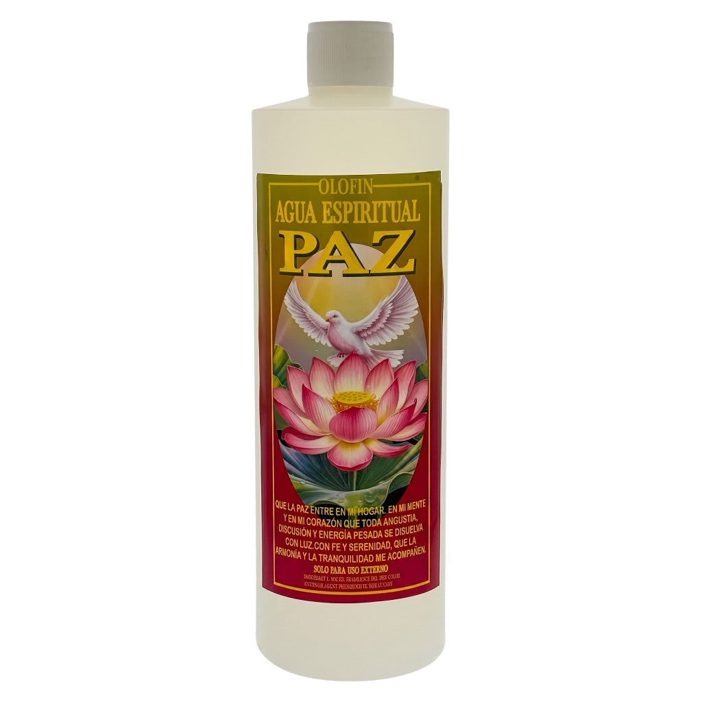 A bottle of Olofin Agua Espiritual Paz spiritual water, featuring a white bottle with a colorful label depicting a pink lotus flower, a white dove, and gold lettering.