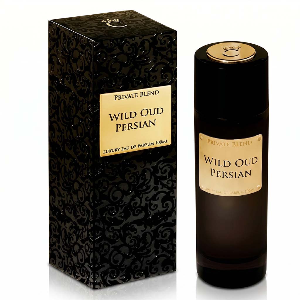 Perfume bottle and packaging of 'Wild Oud Persian' by Private Blend on a white background