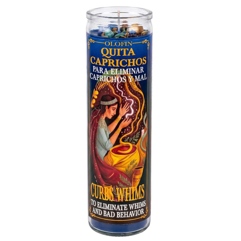 A tall glass jar candle with a colorful printed label featuring the text 'Olofin Quita Caprichos Para Eliminar Caprichos Mal Curbs Whims and Bad Behavior' on a white background.