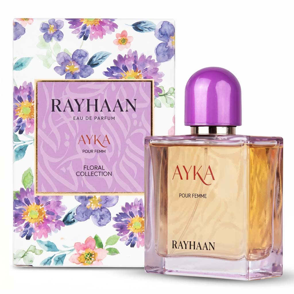 AYKA Pour Femme perfume bottle with floral packaging on a white background