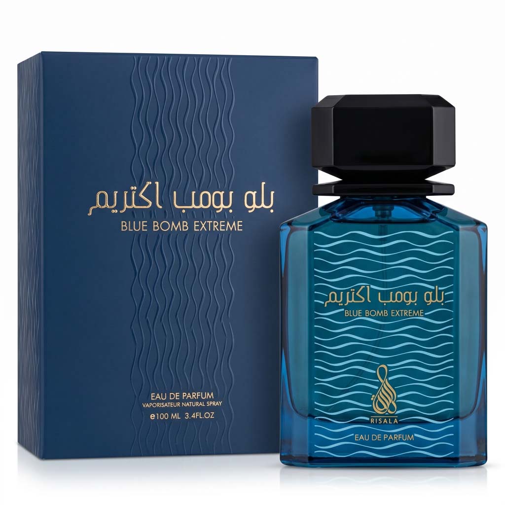 Blue Bomb Extreme perfume bottle and packaging on a white background