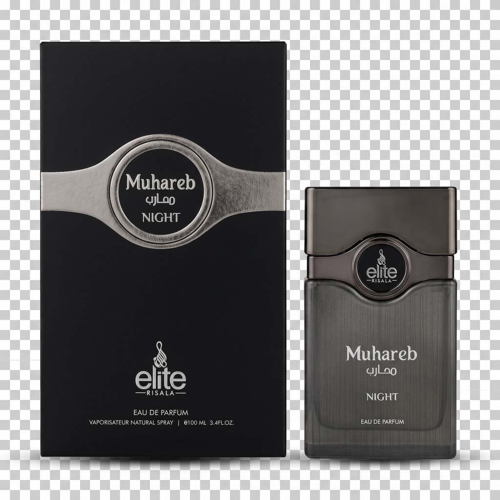 Muhareb Night perfume bottle and packaging on a transparent background