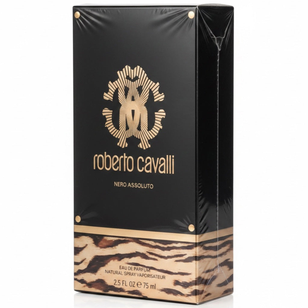 Black and gold packaging of Roberto Cavalli Nero Assoluto perfume on a white background