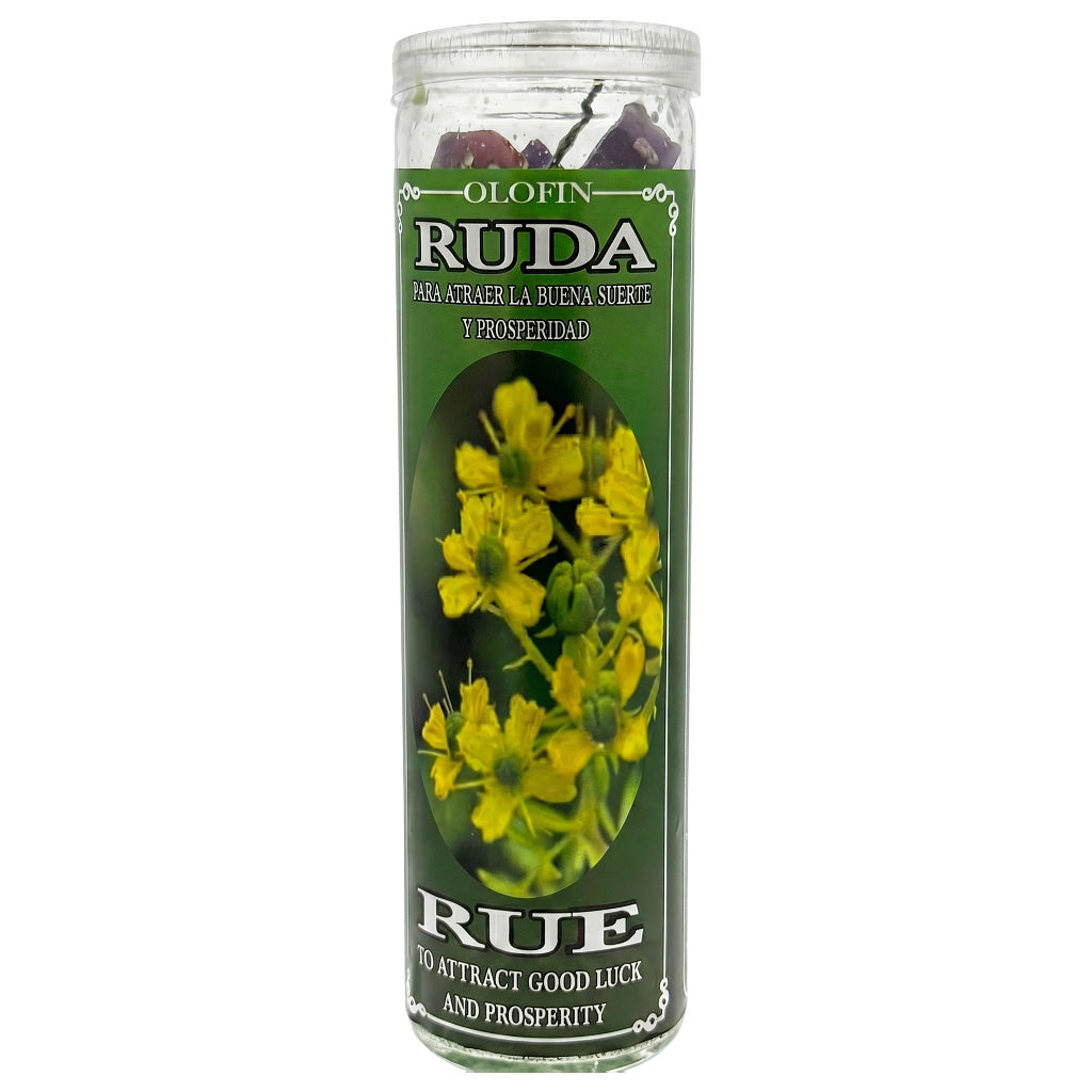 A tall glass jar candle labeled 'Olofin Ruda Rue' with a green label featuring yellow flowers, shown on a plain white background.